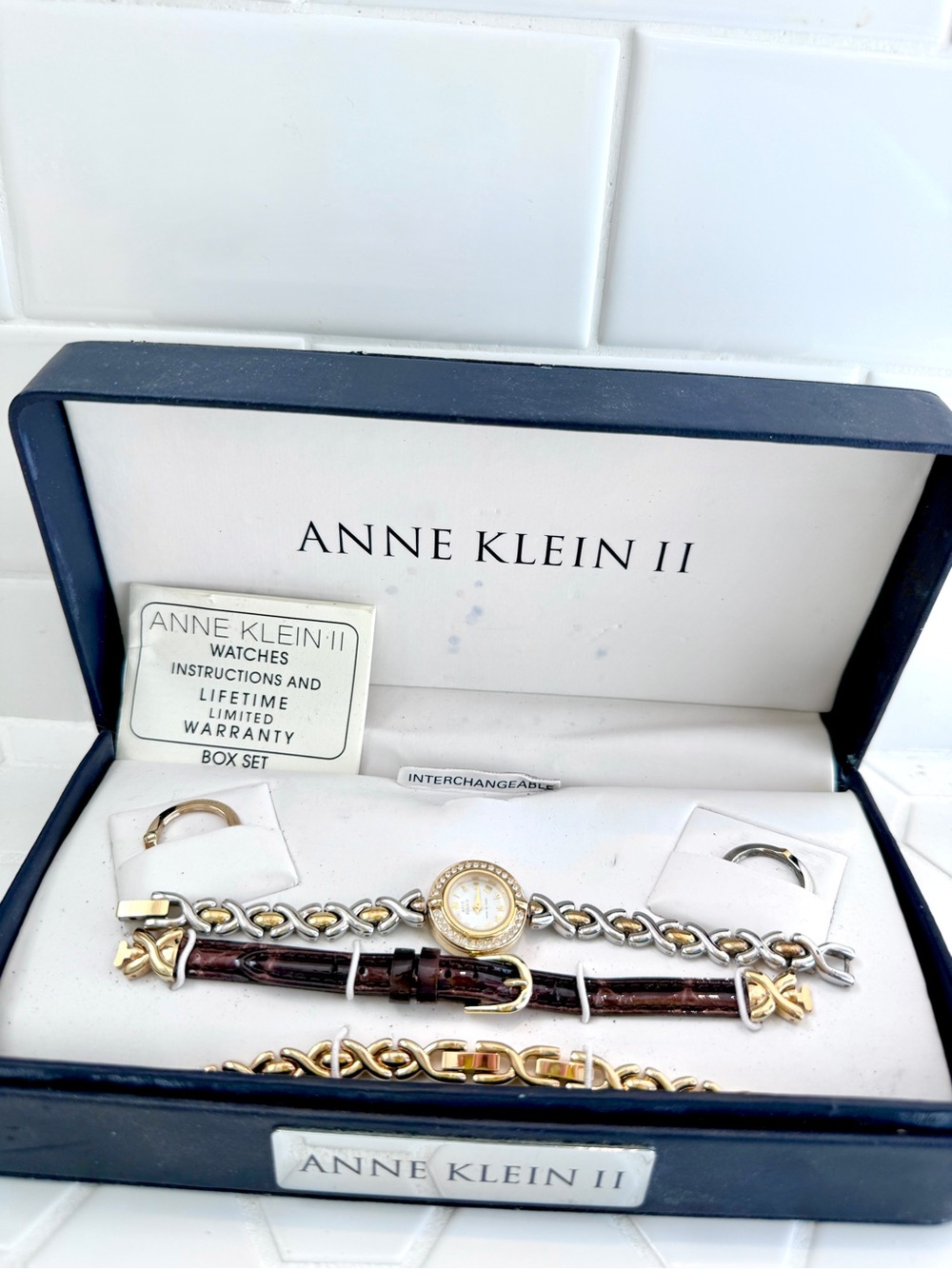 Anne Klein II Two-Tone Chain and Brown Leather Watch Set - Picture 2 of 8